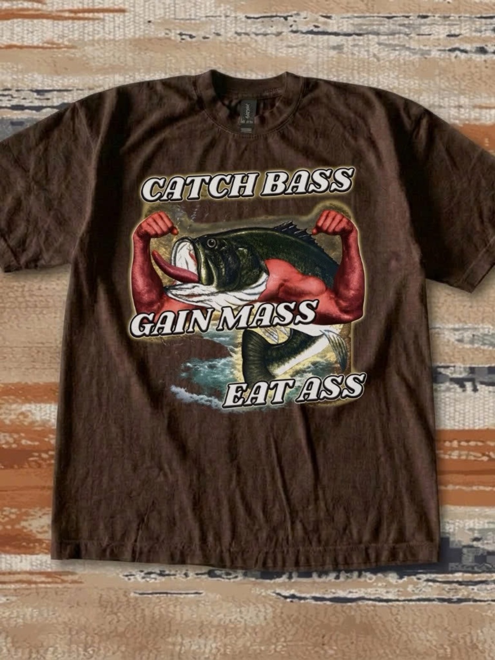 Gildan Brown Fishing Graphic Tee with Muscular Bass Print